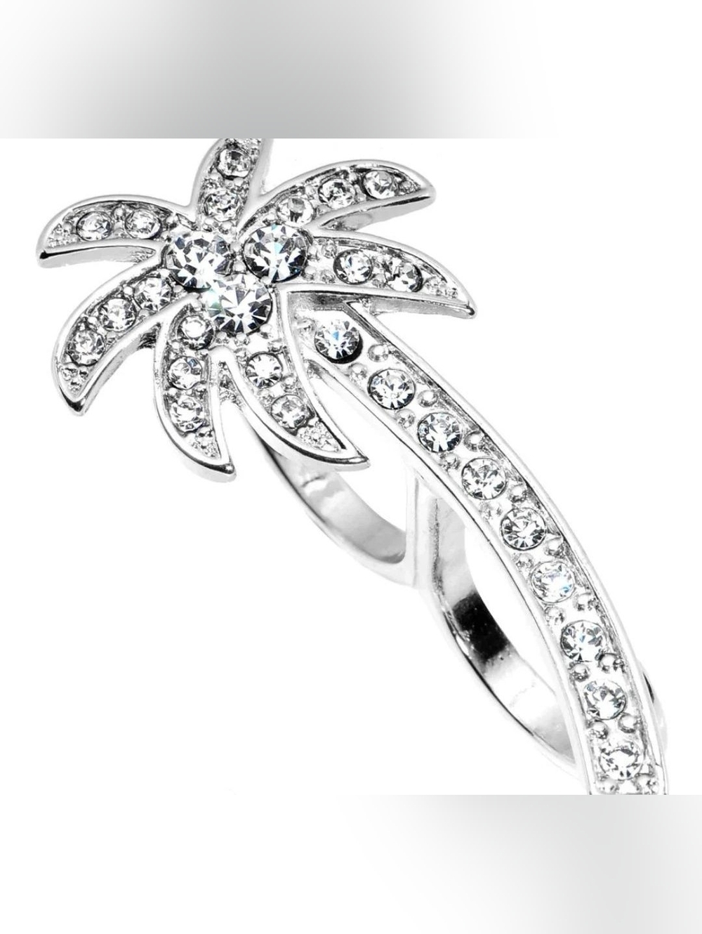 Silver Tone Crystalline Tropical Palm Tree Double Finger Ring